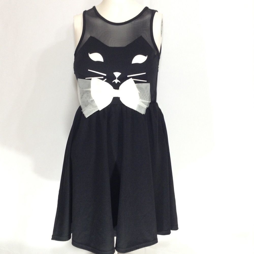 LF Mieeon Black With White Cat Face Sleeveless Fit & Flare Mini Dress NWT Sz XS